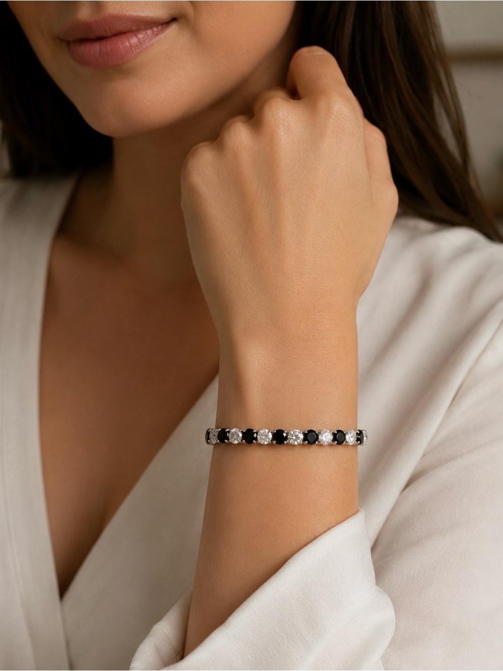 NEW! 14k White Gold Plated Black and Clear Stone Tennis Bracelet